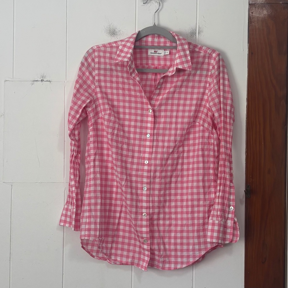 Vineyard Vines Womens Pink White Gingham Cotton Button Down Shirt Size 4